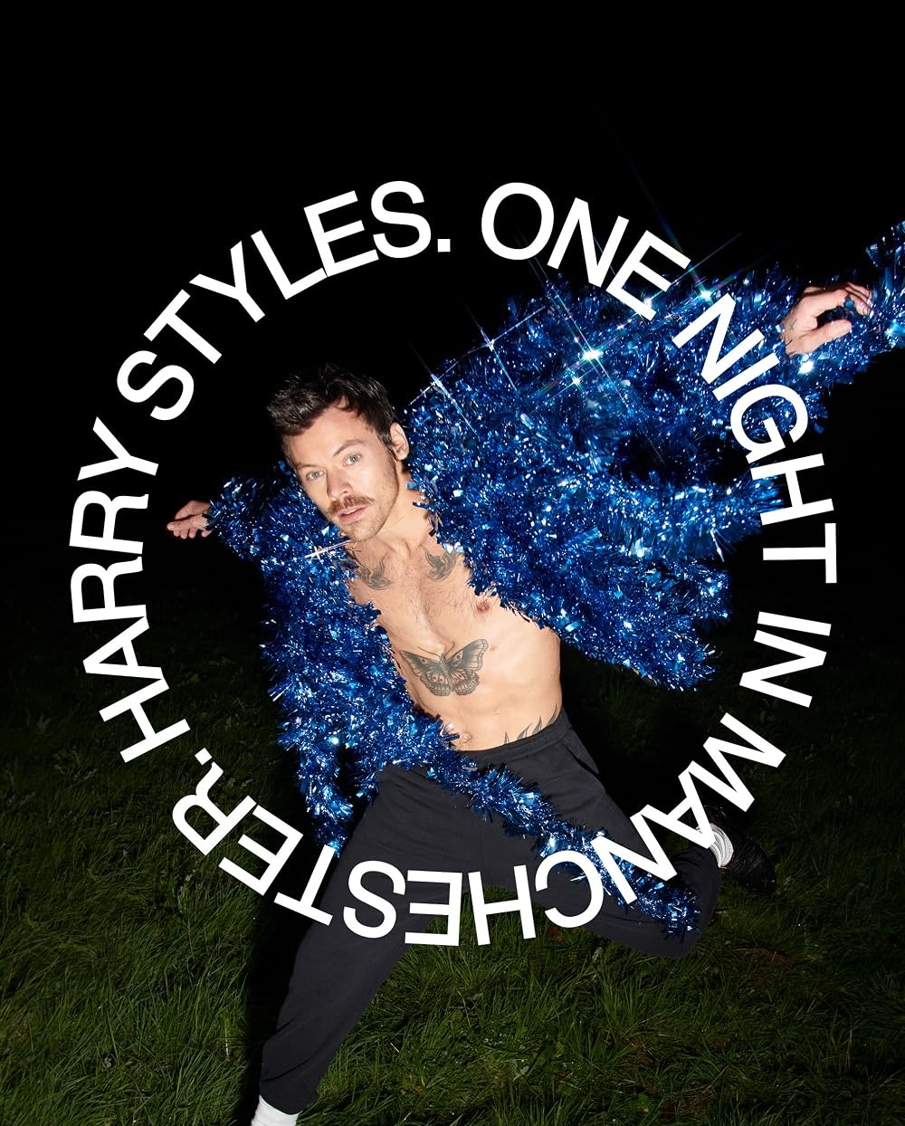 Harry Styles surrounded by blue tinsel